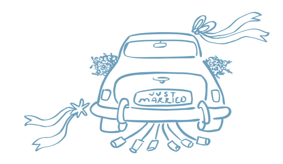 A sketch of a small car with ribbons and flowers attached, and fireworks or celebratory bursts around it, with a license plate that reads 'JUST MARRIED.'
