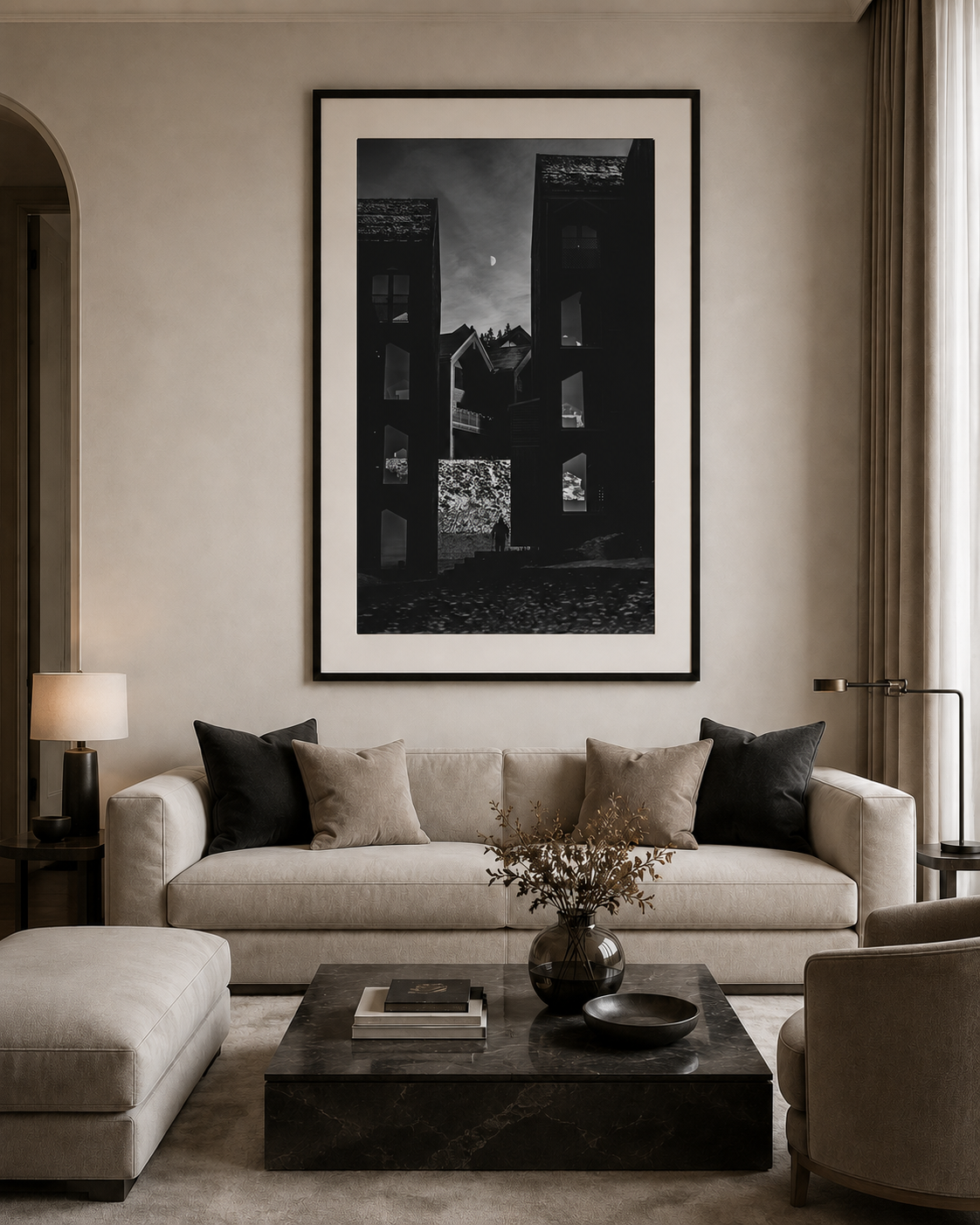 A framed OSOP photographic work displayed in a refined living room interior.