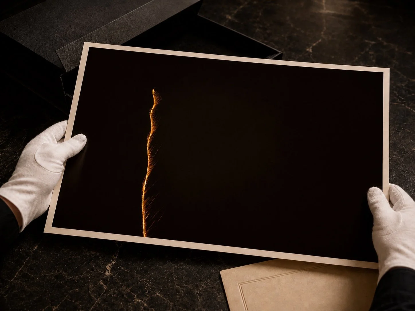 A 60 × 40 cm fine art photographic print held by two hands wearing white archival gloves.