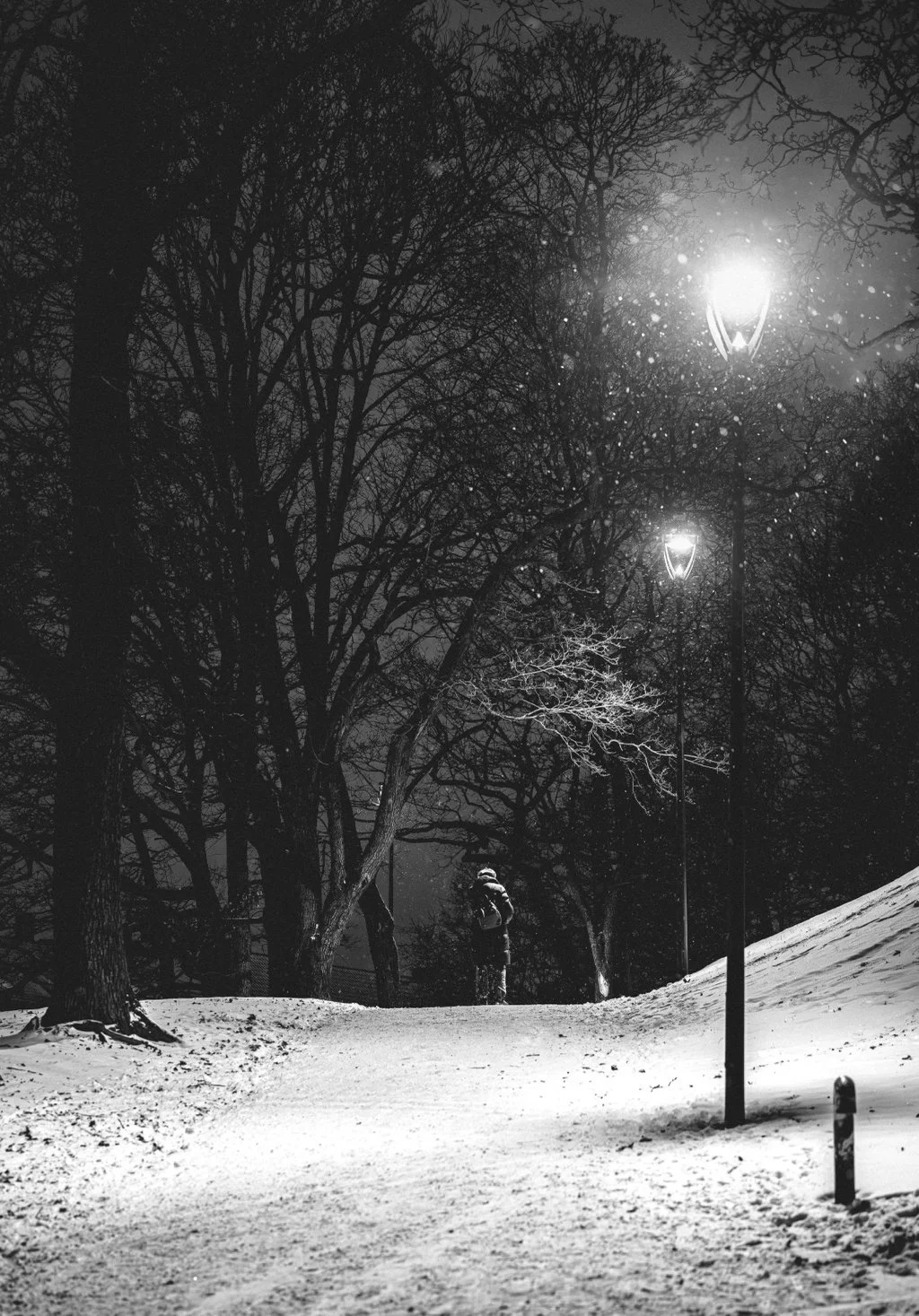 A lone figure standing beneath a lamp along a winter path.