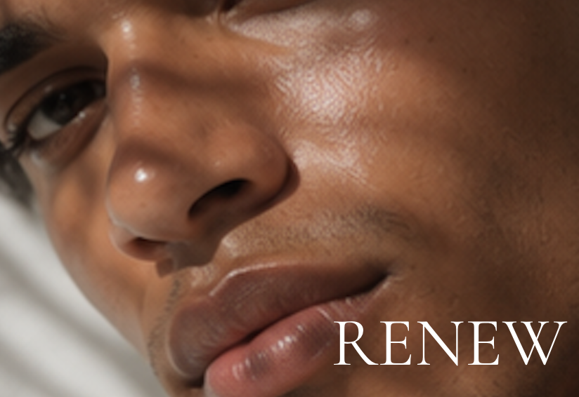 Close-up of a person's face with the word 'RENEW' overlaid.