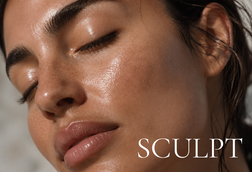 Close-up of a woman's face with smooth, glowing skin and lightly closed eyes, with the word 'SCULPT' in the lower right corner.