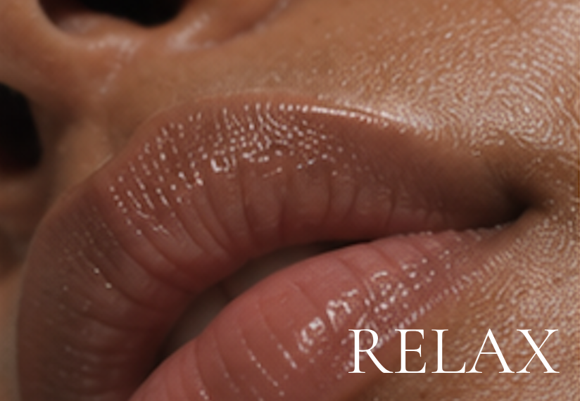Close-up of lips with a finger near the mouth, with the word 'RELAX' written in white at the bottom right.