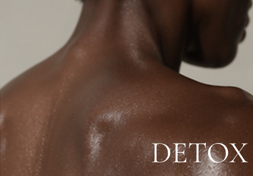 Close-up of a person's shoulder and neck with shiny, smooth skin, indicating a skin detox or cleansing process.