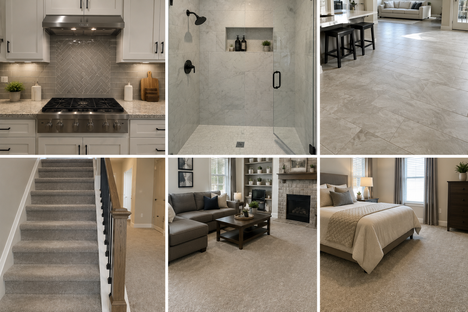 A collage of interior home spaces including a kitchen with white cabinets and gray backsplash, a walk-in shower with marble tiles, a living room with a gray sofa and fireplace, a staircase with carpeted steps, and a bedroom with a bed and nightstand.