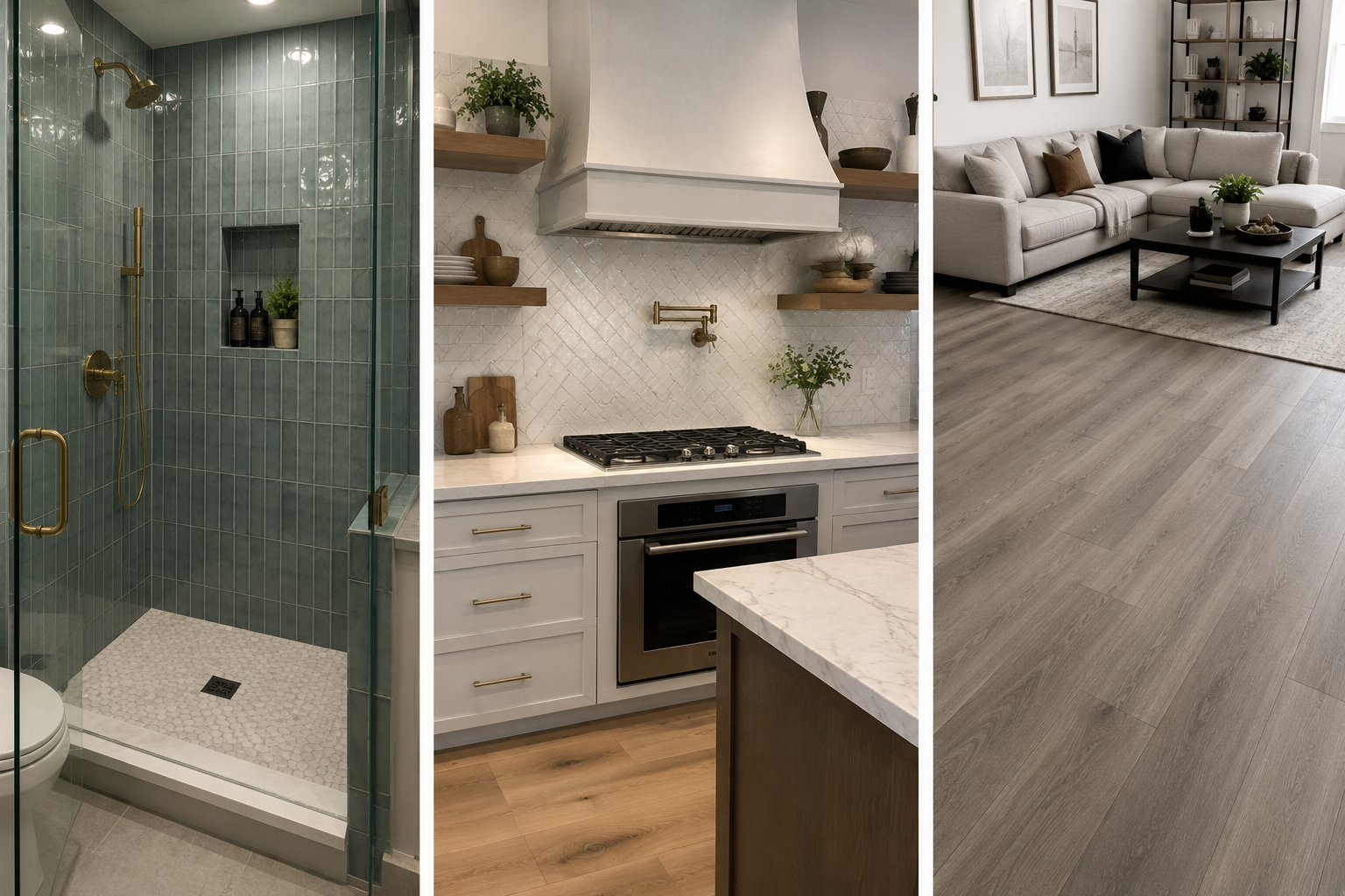 A collage of three indoor spaces: a shower with teal tiles and gold fixtures, a kitchen with white cabinets, marble countertops, and open shelving, and a living room with a light gray sectional sofa, wooden flooring, and a black coffee table.