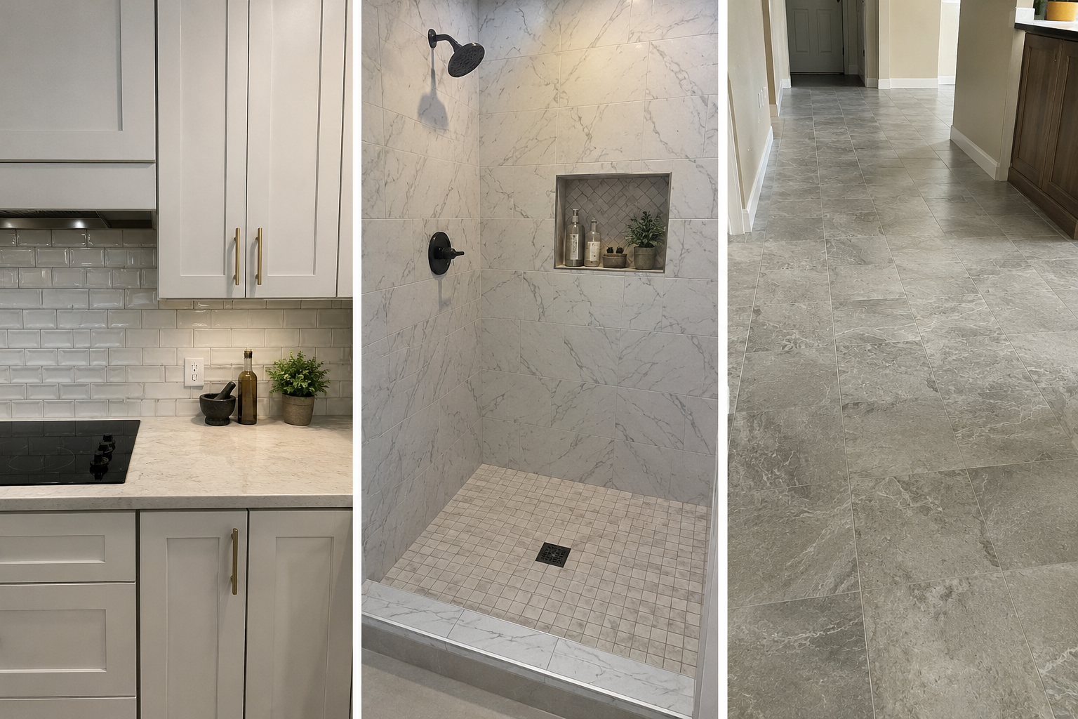 Triptych of home interior images: the left panel shows a white kitchen counter with a stove, white cabinets with gold handles, a small plant, and kitchen essentials; the middle panel features a marble shower with a built-in niche holding toiletries and a plant, with a black showerhead and a water control valve; the right panel displays a tiled hallway floor with large beige-gray tiles, leading to a door at the end.