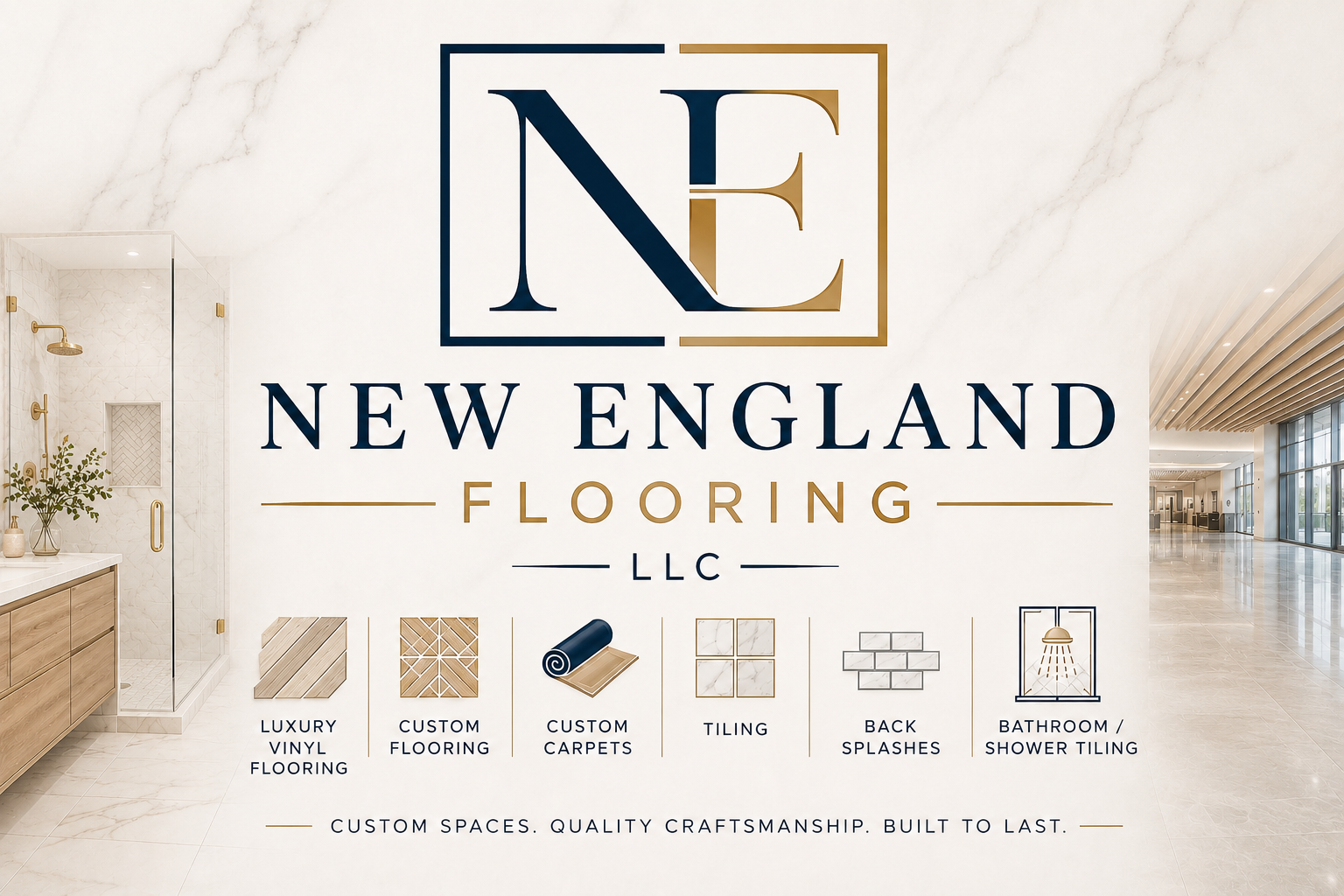 Interior showroom of New England Flooring displaying various flooring options, including luxury vinyl, custom flooring, custom carpets, tiling, back splashes, and bathroom/shower tiling, with modern decor and a spacious layout.