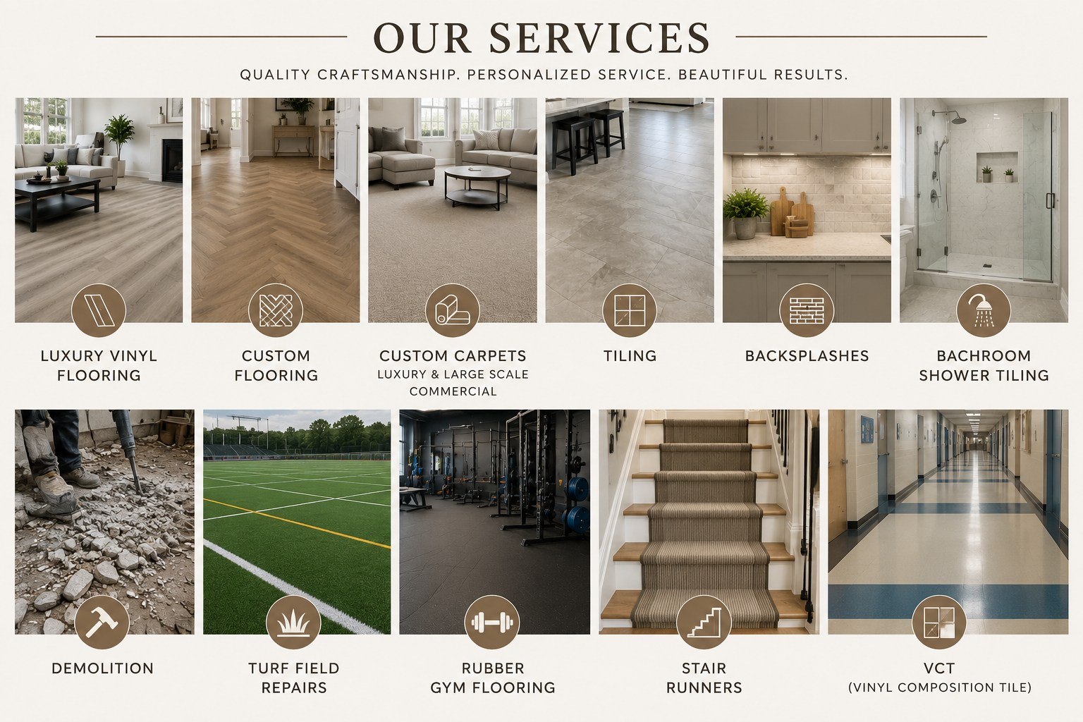 A grid showcasing various flooring and tiling services. The top row features images of luxury vinyl flooring, custom flooring, custom carpets for luxury and large-scale commercial spaces, tiling, backsplashes, and bathroom shower tiling. The bottom row displays demolition, turf field repairs, rubber gym flooring, stair runners, and vinyl composition tile in a hallway.