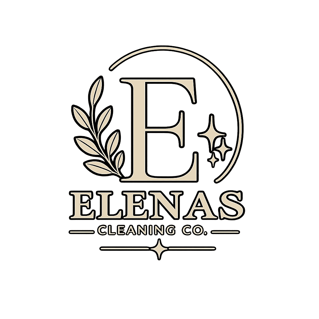 Logo for Elenas Cleaning Co. featuring a large letter E with decorative stars and a leaf, and text below reading 'ELENAS CLEANING CO.' in a vintage style.