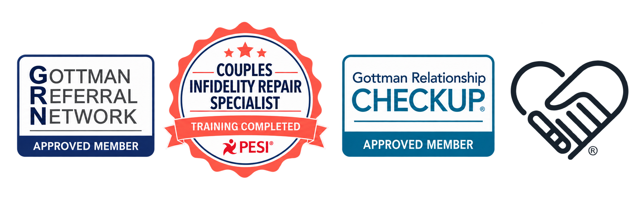 Collection of badges indicating membership and training certifications for Gottman Relationship Checkup and Couples Infidelity Repair Specialist.