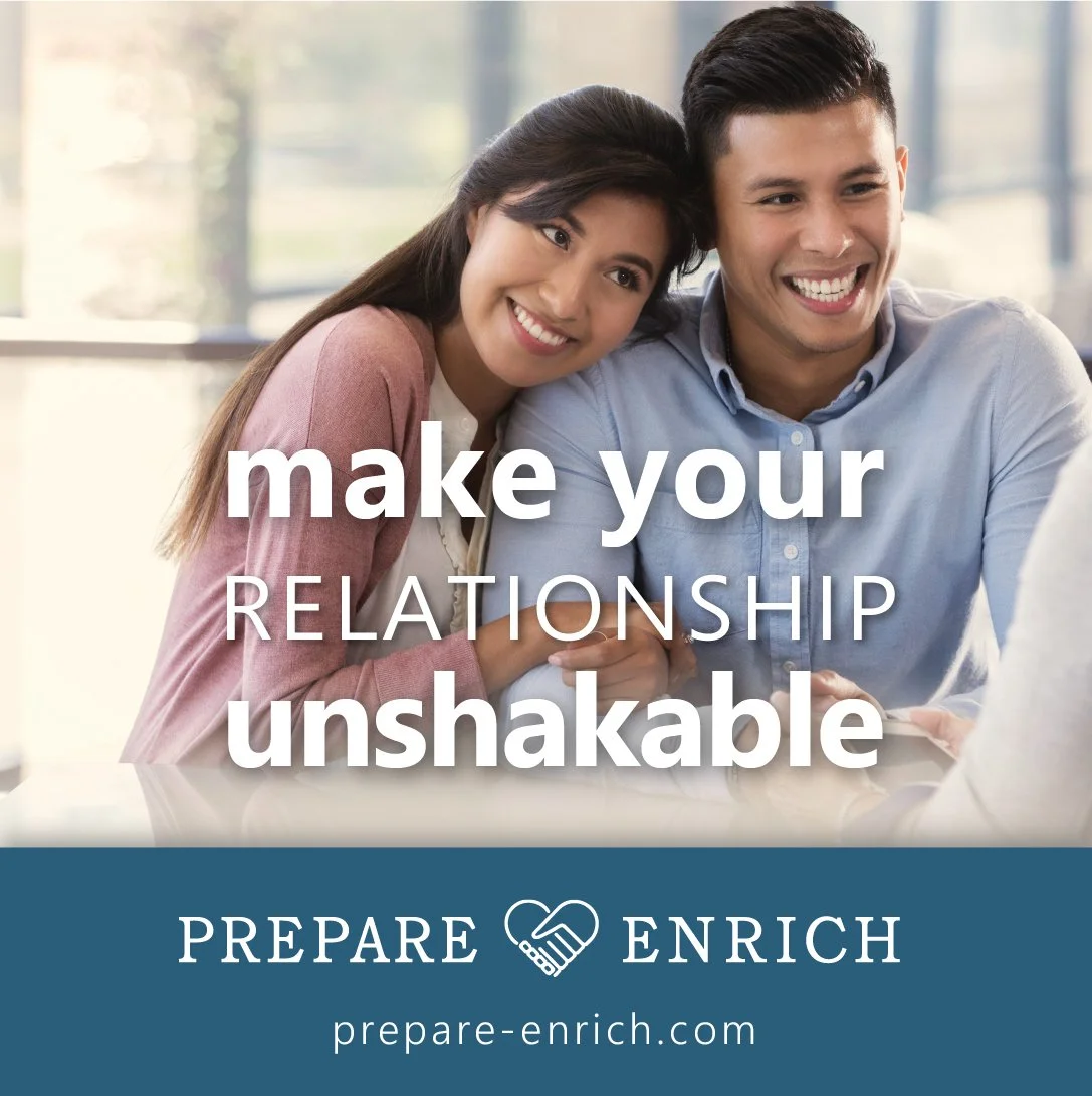 A smiling man and woman cuddling and looking at a laptop, with text overlay promoting making relationships unshakable, and a website link prepare-enrich.com.
