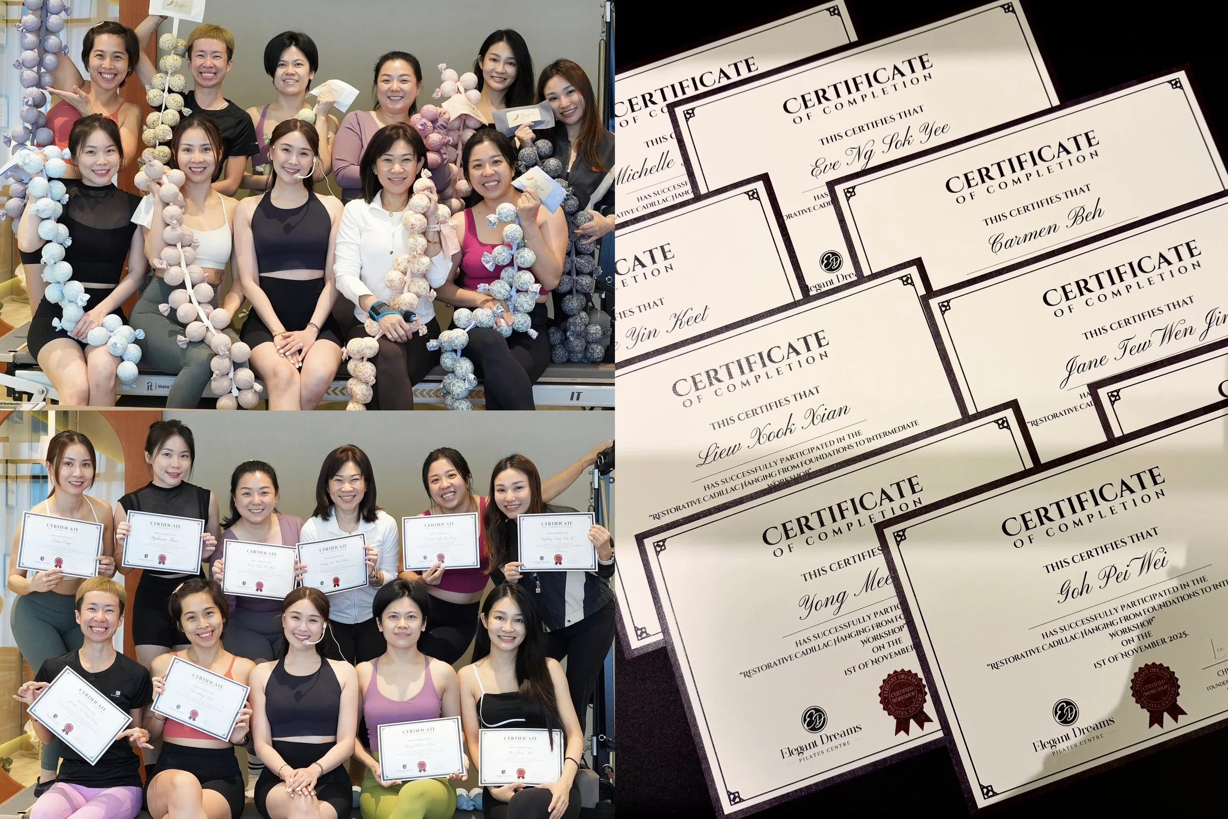 Group of women and men at a graduation or certification ceremony, holding certificates and wearing workout or casual attire. The right side shows multiple certificates with names such as Eve Ng Sok Yee, Carmen Beh, and Goh Pei Wei.