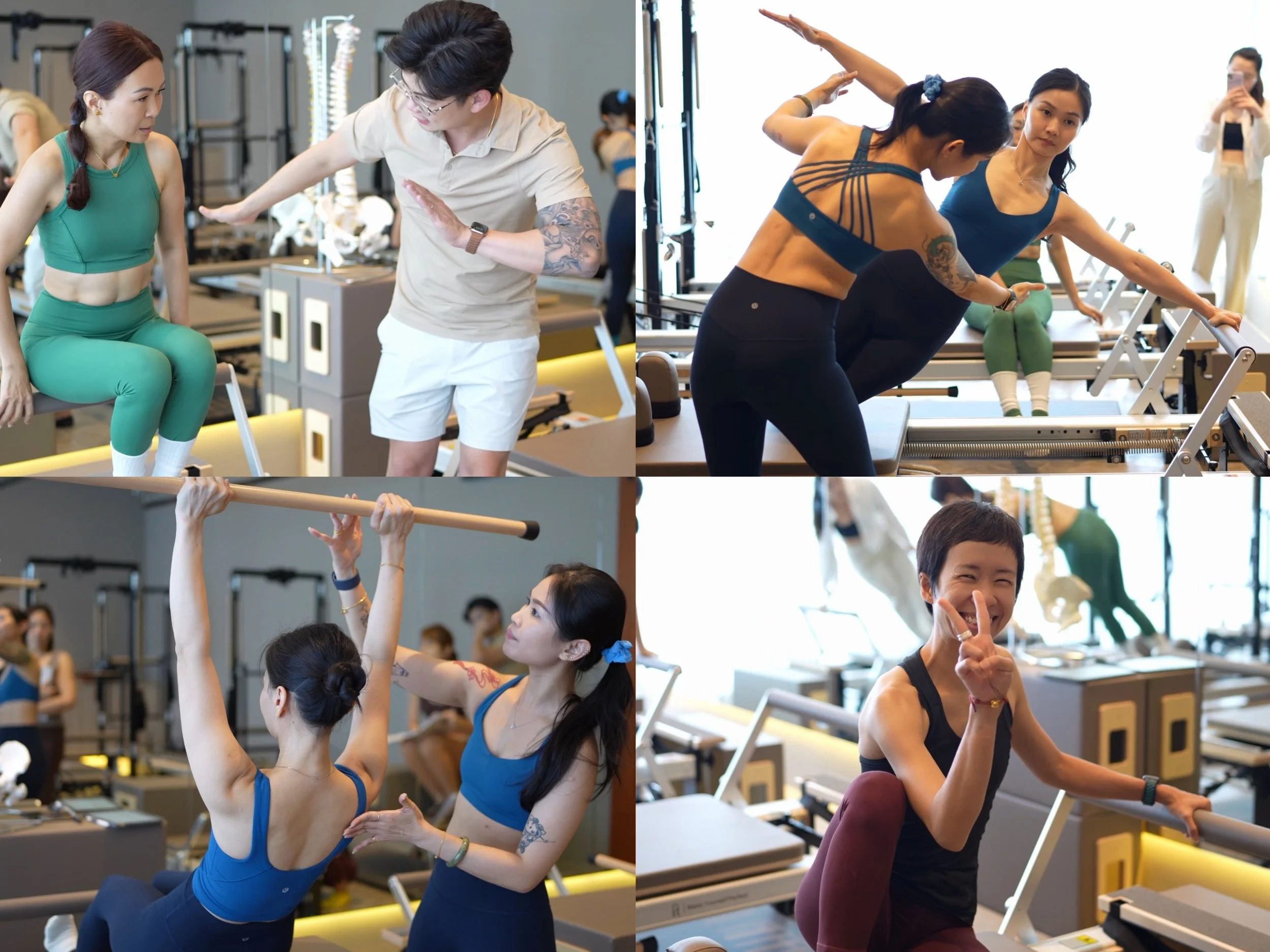 A collage of four images depicting women participating in a Pilates class. In the top left image, a woman in green workout clothes sits on a Pilates reformer while an instructor adjusts her pose. In the top right image, two women are doing a side stretch exercise using the reformer. The bottom left image shows a woman in a blue sports bra reaching for a horizontal bar. The bottom right image features a woman smiling and making a peace sign.