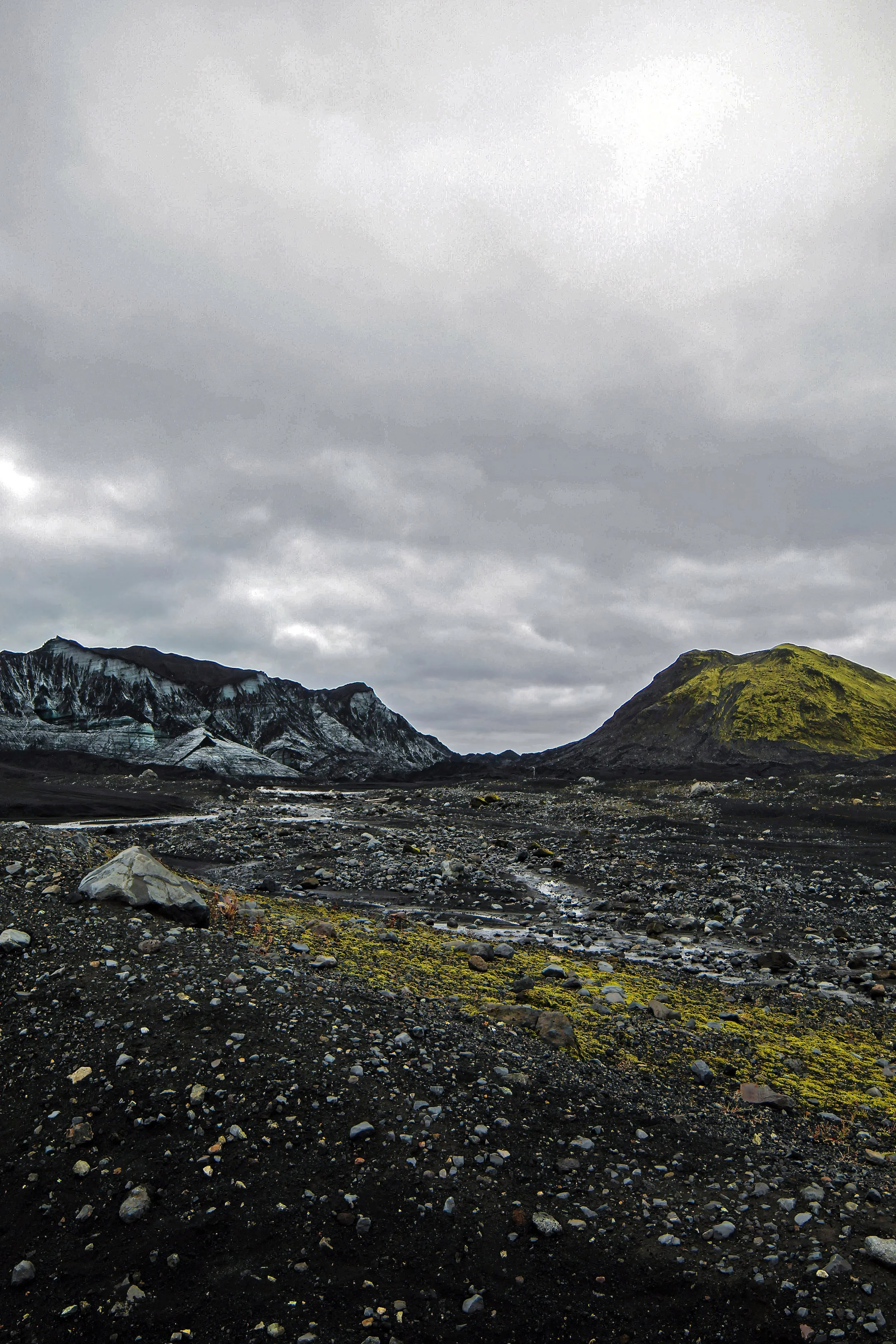 Overcast sky above rugged volcanic landscape with snow-capped peaks and sparse terrain.