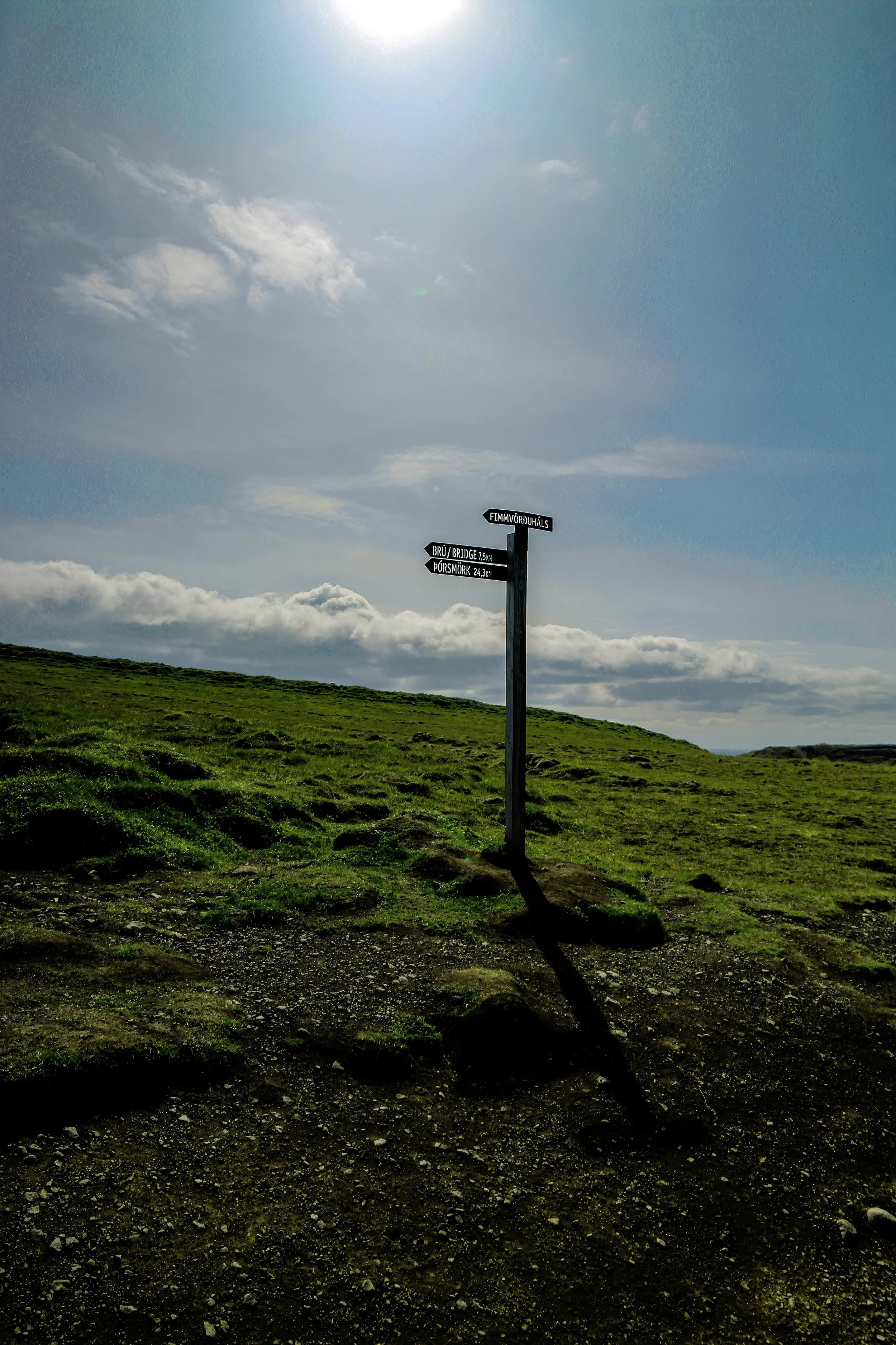 A signpost in a grassy field under a bright blue sky with scattered clouds. The signpost has four directional signs labeled 'Fimmvörðuháls,' 'Brú / Bridge 7.5 km,' and 'Björsmörk 24.3 km.' The sign casts a long shadow on the ground.