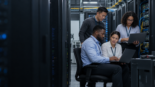 IT team working together in a server room