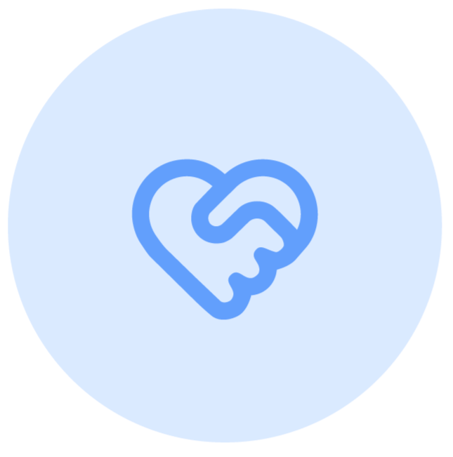 Blue outline icon of a handshake forming a heart shape in a light blue circle
