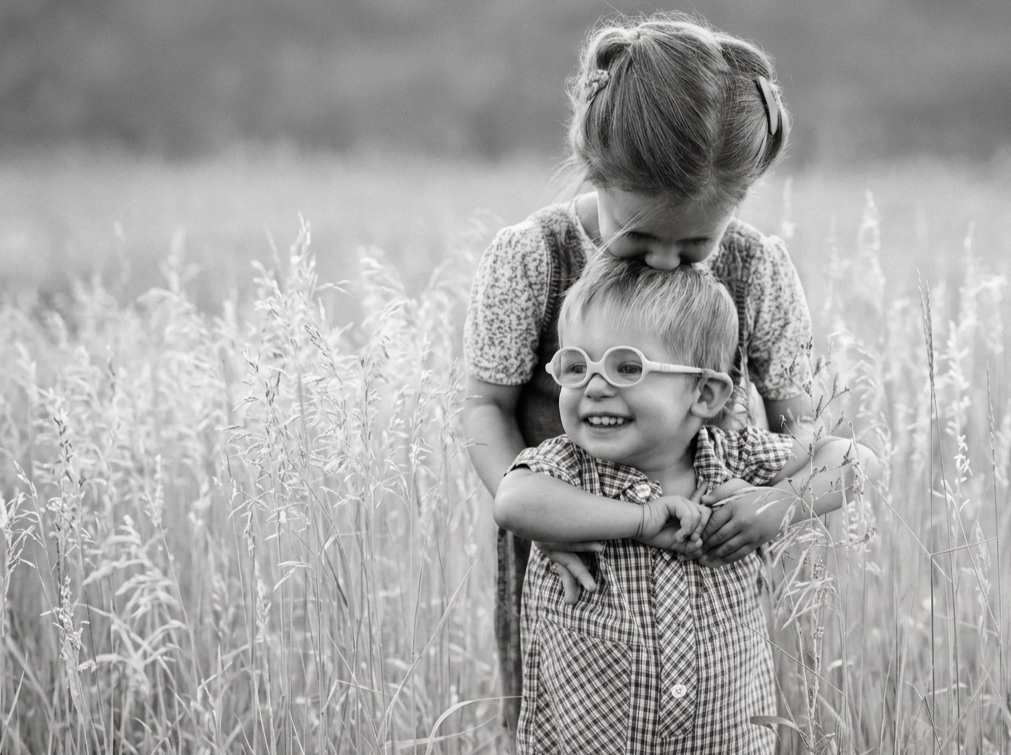 A young girl hugging a smiling boy with glasses in a field of tall grass, black and white photo.