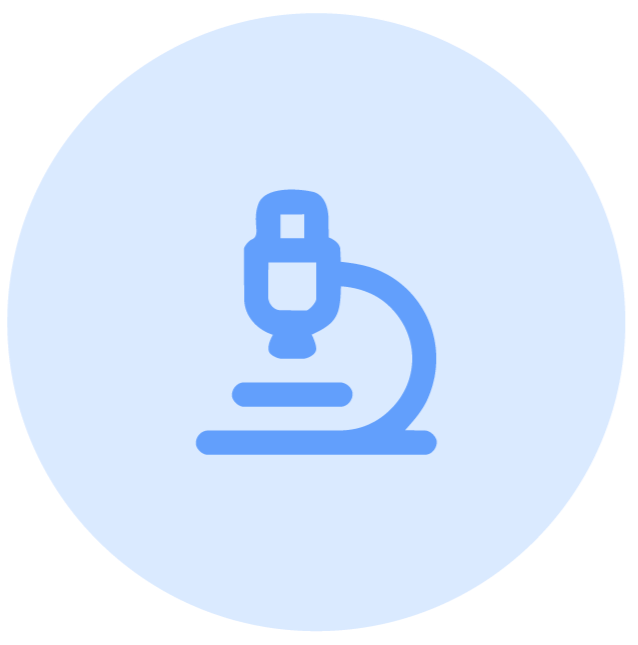 Icon of a microscope in blue on a light blue circular background.