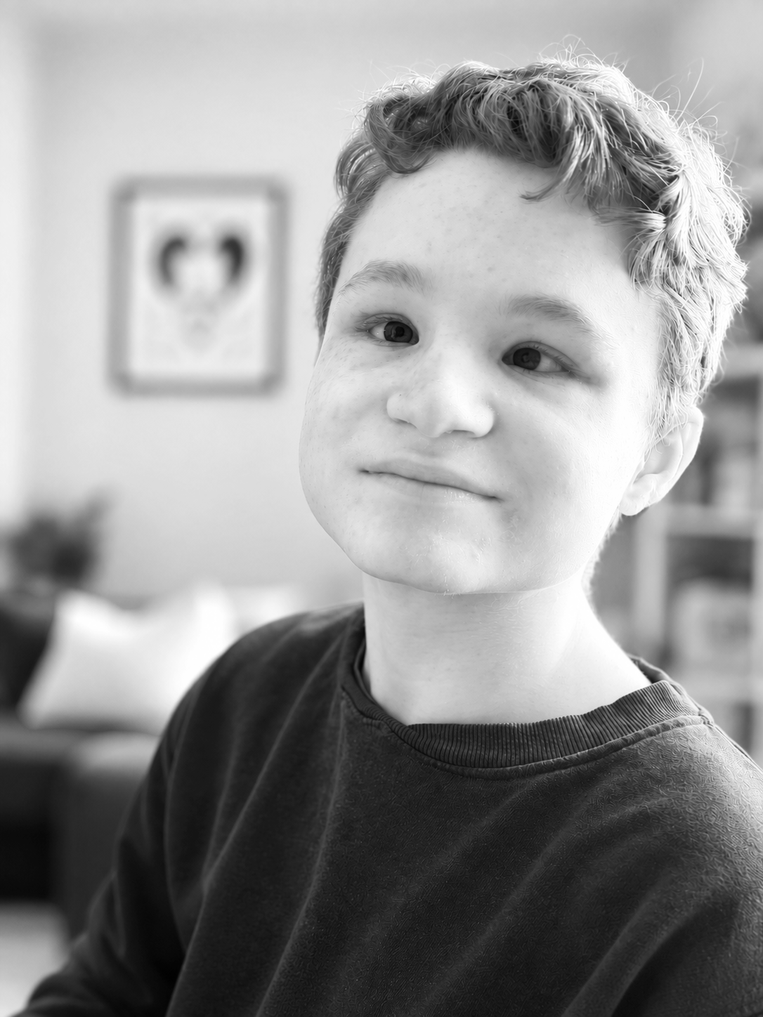 A young boy with curly hair and a slight smile, looking off to the side in a room with a blurred picture of a dog in the background.