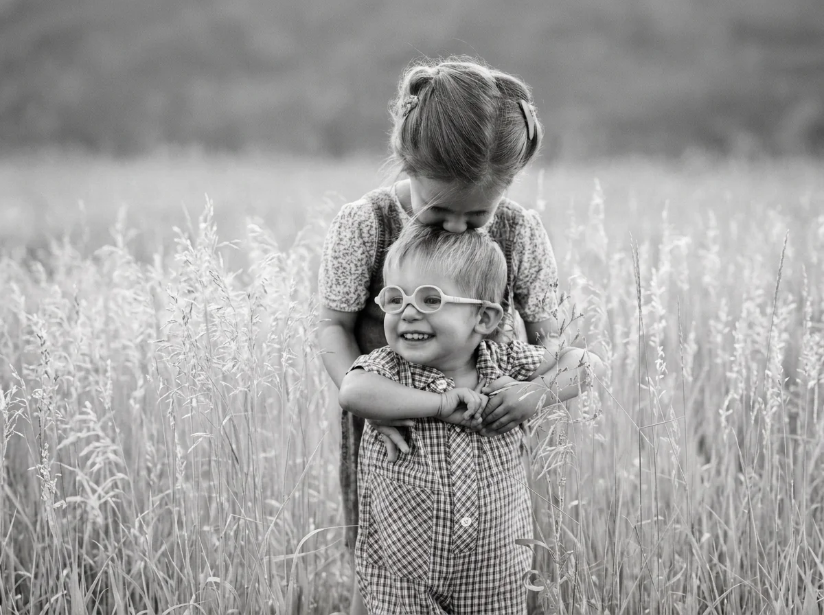 Two young children, a girl and a boy, playing in a field of tall grass or wheat. The girl is leaning over and kissing the boy on the head, and the boy is smiling and wearing glasses.