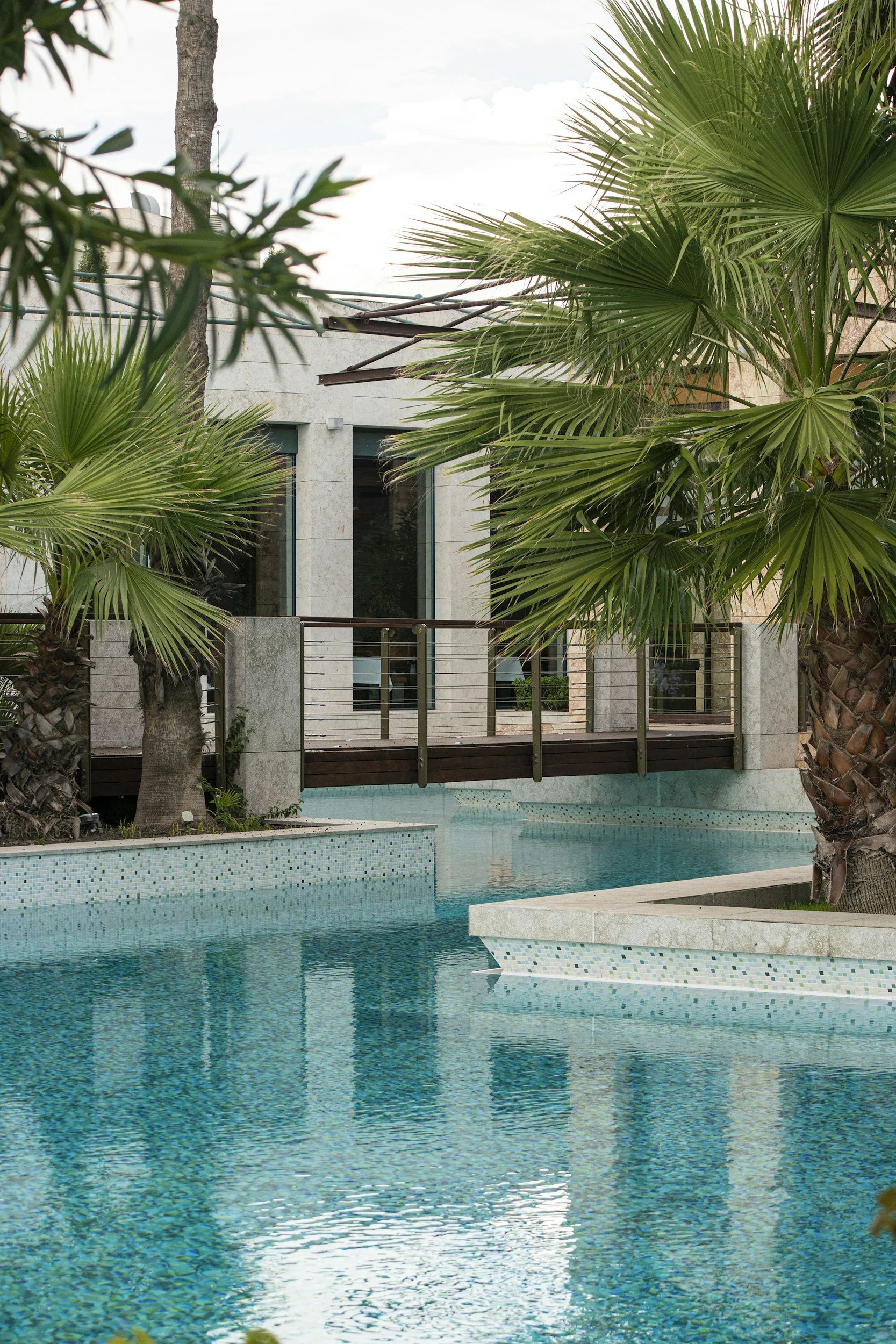 A modern building with large glass windows, surrounded by lush green palm trees next to a swimming pool with clear blue water.