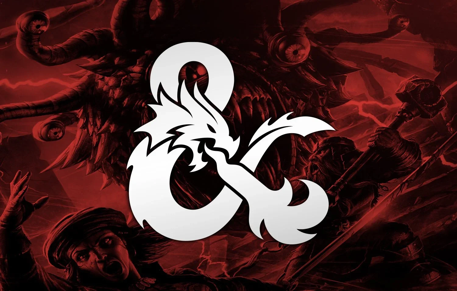 A dark red and black illustration of a fierce warrior with a horned helmet, wielding a sword and surrounded by lightning and enemies, with a large white ampersand symbol in the foreground.