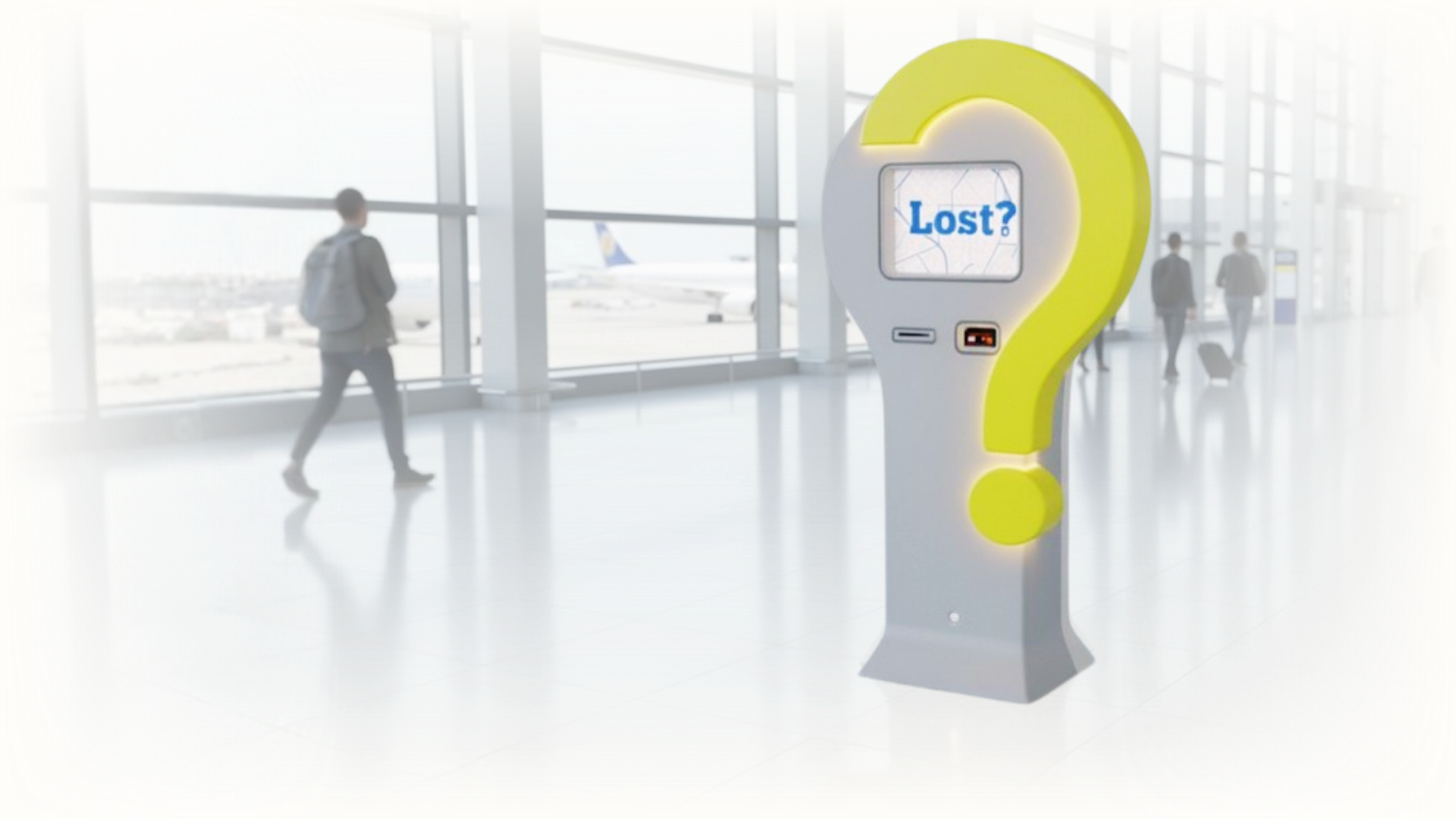 Airport terminal with large windows, travelers walking, and a digital kiosk with a yellow question mark and the word 'Lost?' on the screen.