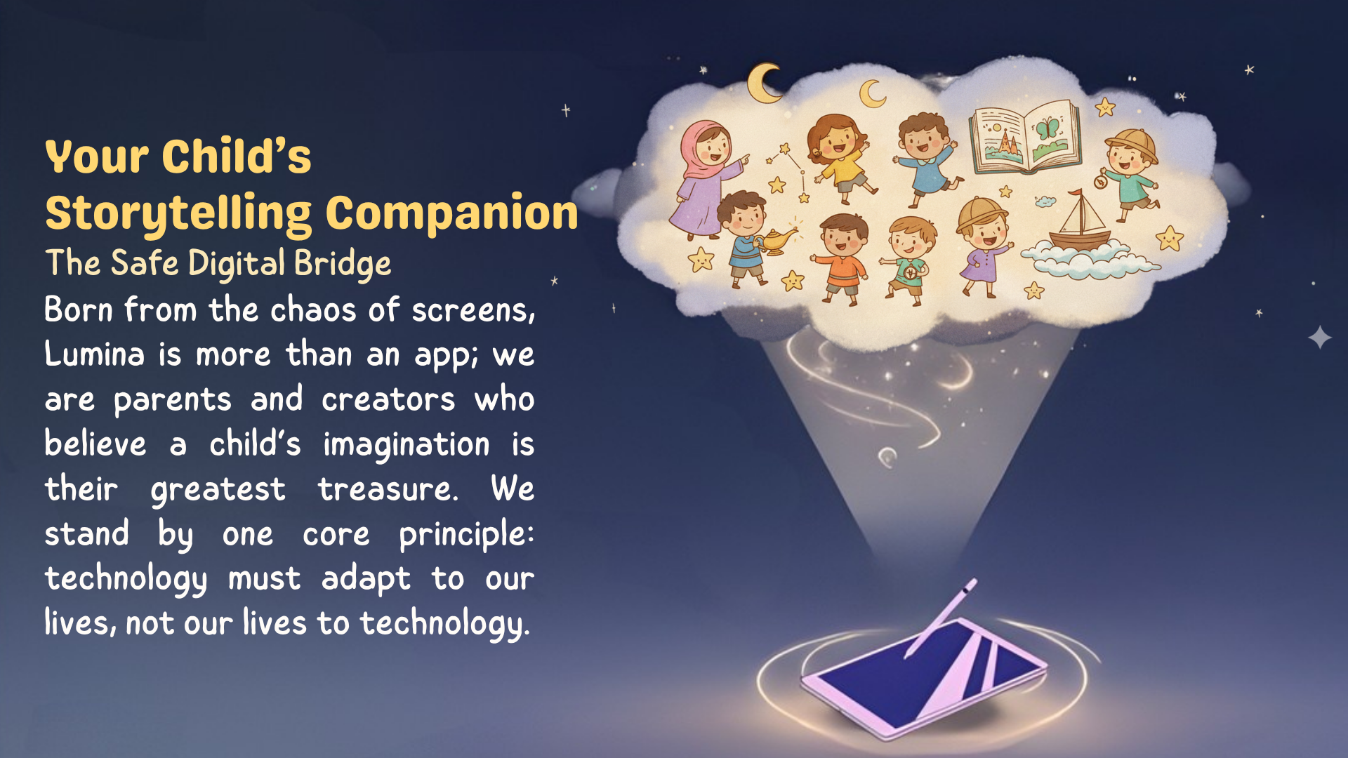 Illustration of children playing and reading in a dreamy cloud over a dark blue background, with a tablet computer below. Text on the image promotes a storytelling app for children, emphasizing imagination and creativity.