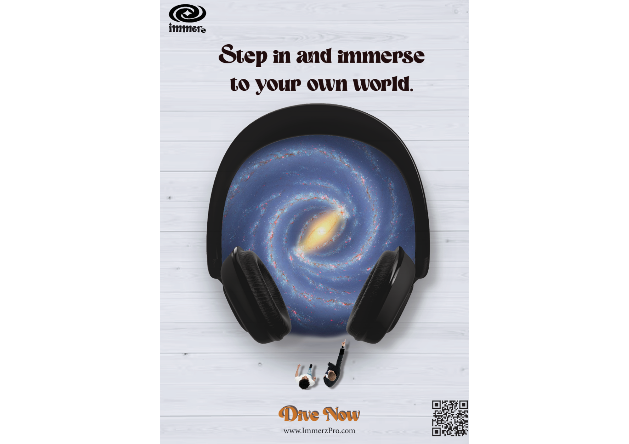 A promotional poster for immersive virtual reality experiences. It features a large black headset with a galaxy image on its lenses, and small figures of two children looking up at the headset. The background is a white wooden surface. The text reads 'Step in and immerse to your own world' at the top and 'Dive Now' with a website URL at the bottom, along with a QR code.
