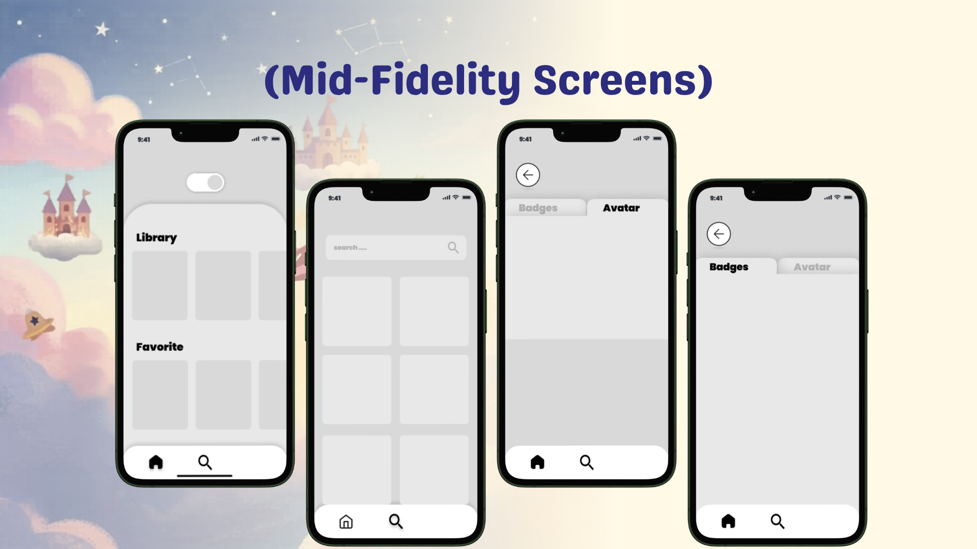 Screenshot of a mobile app interface with four screens showing different sections: Library, search, Badges, and Avatar. The screens are labeled Mid-Fidelity Screens with a fantasy-themed background including castles, clouds, and stars.