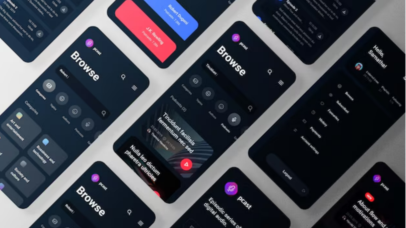 Multiple smartphones displaying dark mode interfaces of a podcast app named 'Browse,' showing various screens with menus, notifications, and podcast details.