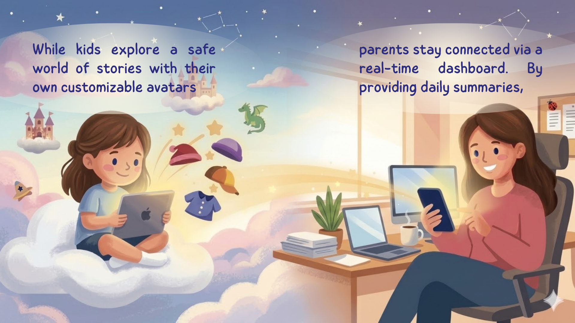 An illustration of a child sitting on clouds with a digital tablet, surrounded by flying hats, a castle, clouds, and a green dragon, representing imagination. On the right, a woman is sitting at a desk with a laptop, smartphone, and papers, connecting with a parent via a real-time dashboard about their child's activities.