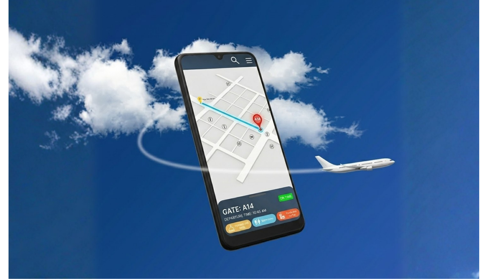Smartphone displaying a flight boarding pass and map, with a plane flying in the background against a blue sky with clouds.