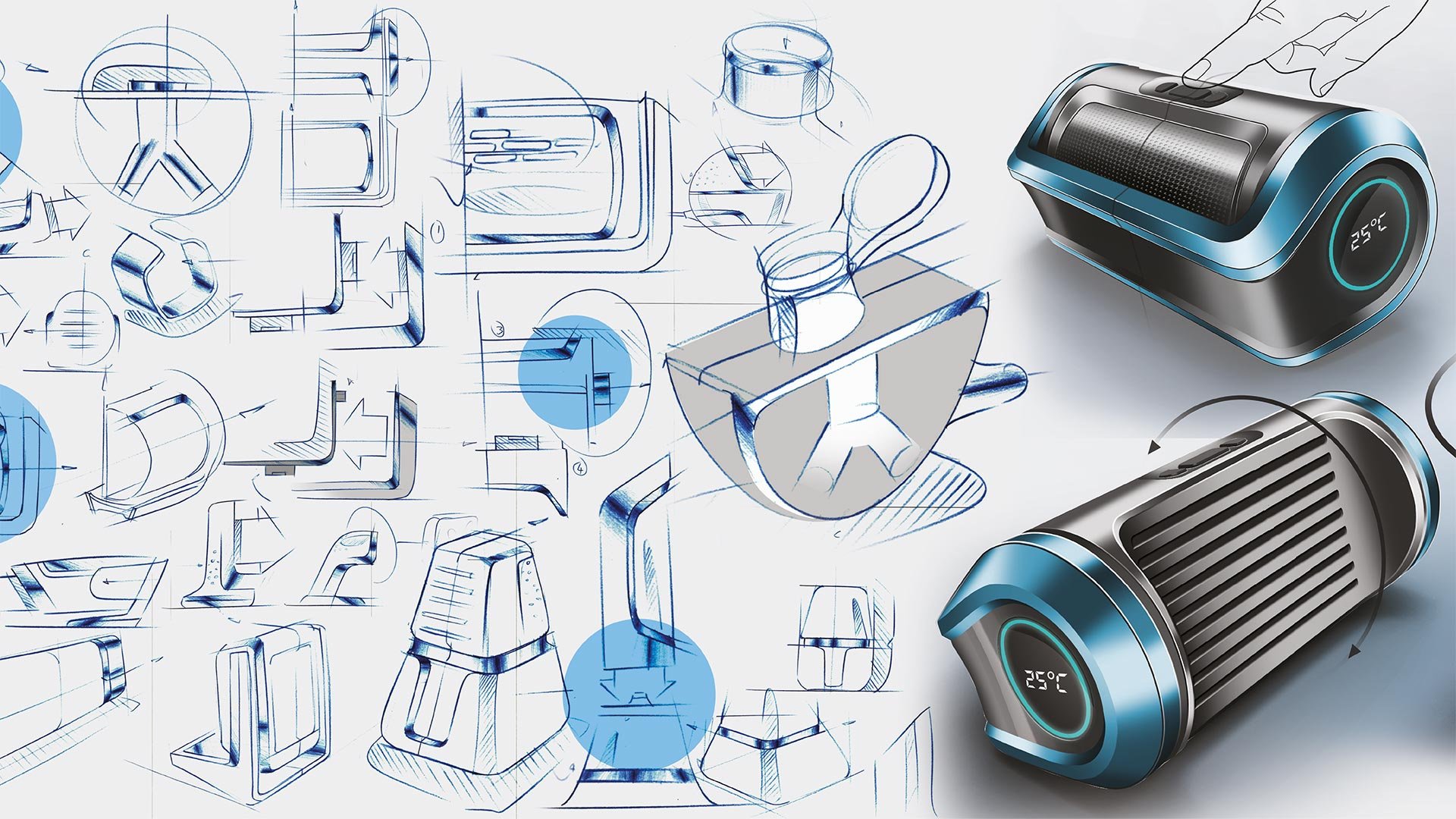 Design sketches and blueprints for a portable electronic device, with sketches of various components and two physical prototypes with digital displays showing temperature, indicating product development.