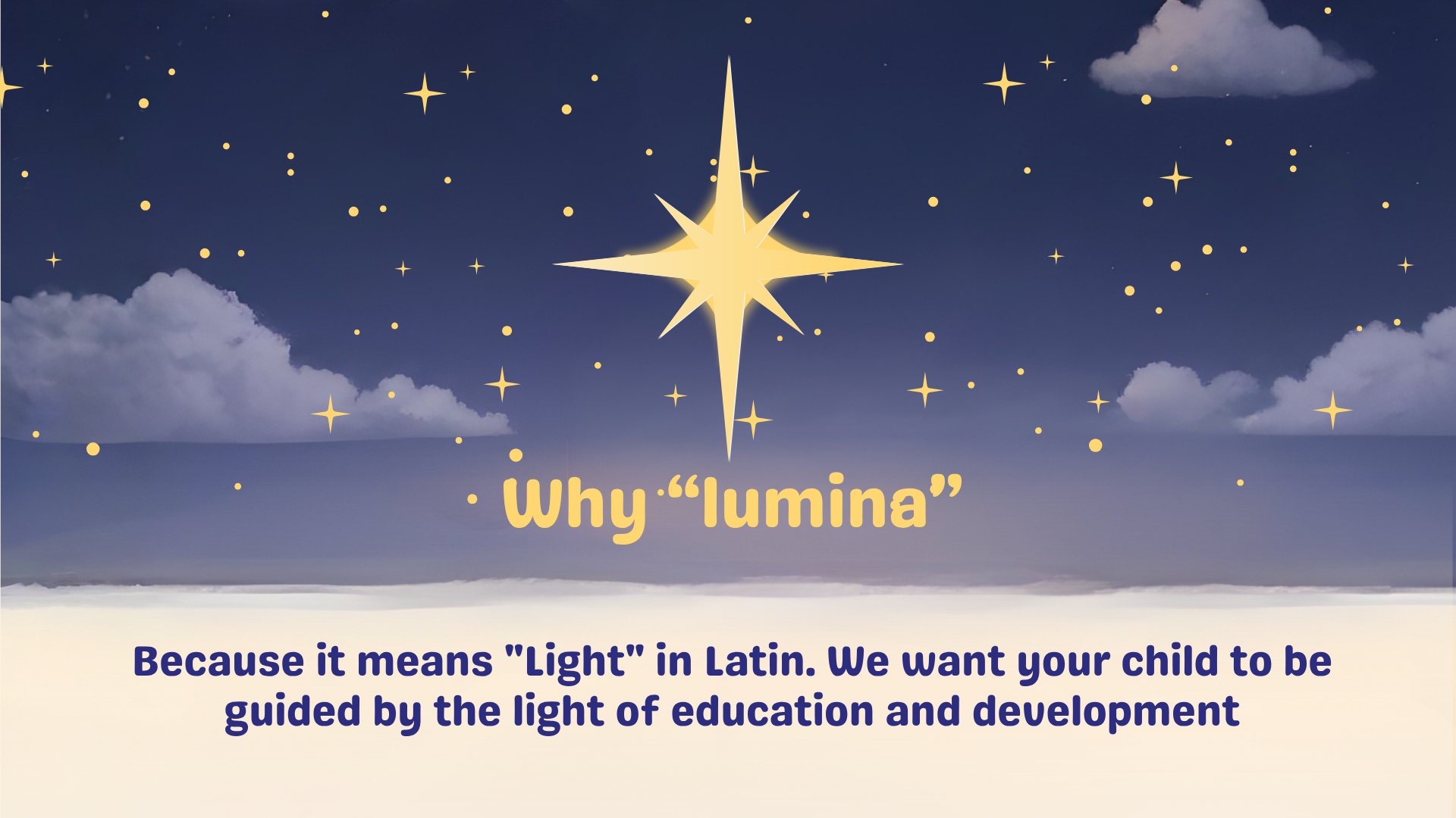 Night sky with stars and clouds, prominent glowing star in center, text 'Why "lumina"' and additional message about guiding children with education and light.