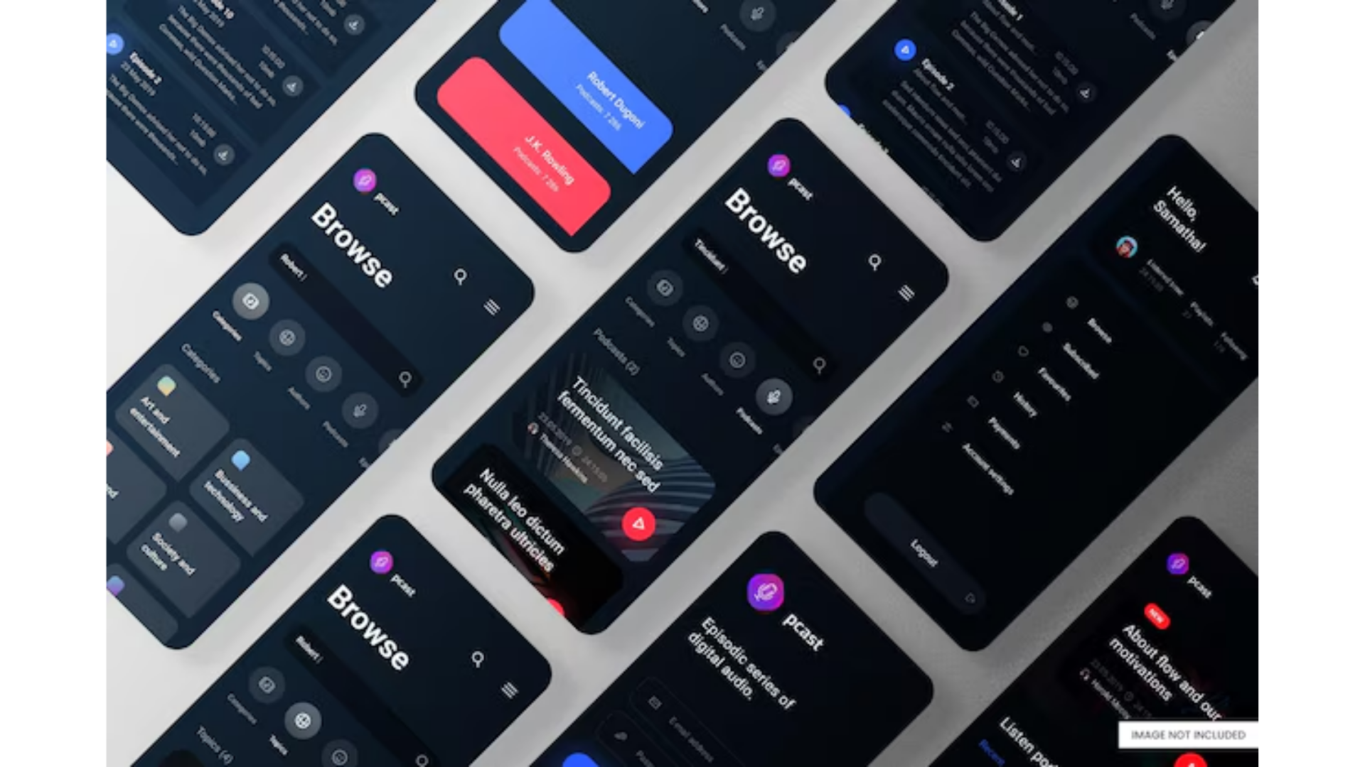 Multiple smartphone screens displaying a dark-themed mobile app interface called 'Browse,' with menu options and notifications visible.