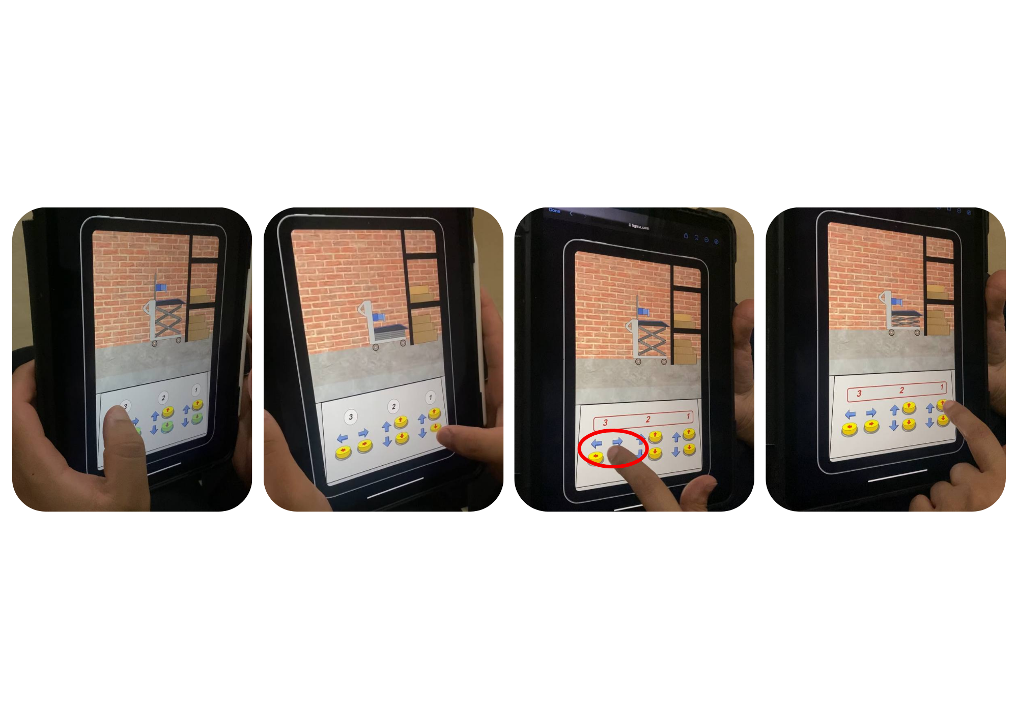 Person using a tablet to play a game with a sliding puzzle involving a cart with boxes, bricks, and a blue flag, against a background of a brick wall.