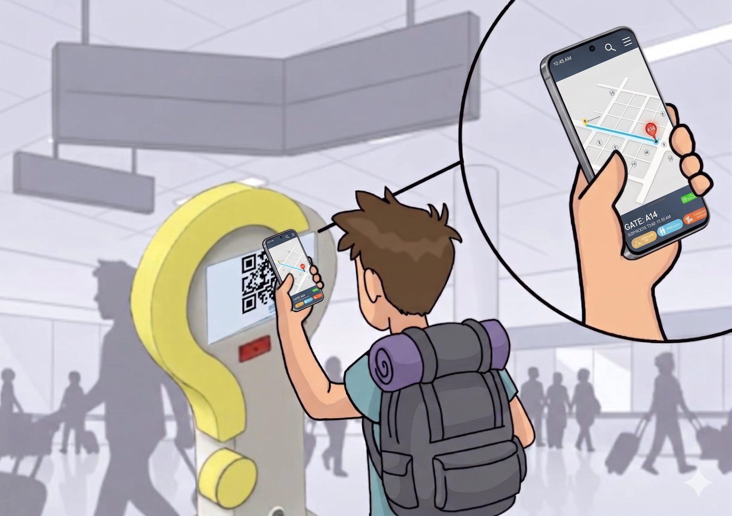 An animated illustration of a traveler with a backpack and a rolled sleeping pad, holding a smartphone, using a digital boarding pass and a map to access a QR code scanner at an airport boarding gate, with other travelers seen in the background.