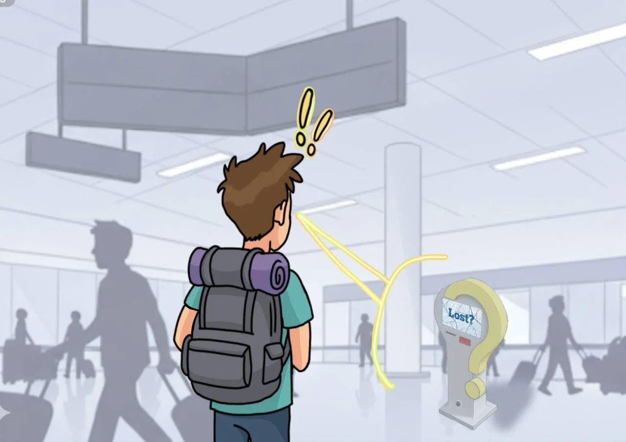 A traveler with a backpack and rolled sleeping mat looks at a broken, cracked airport wayfinding sign that says 'Lost?' in an airport terminal.