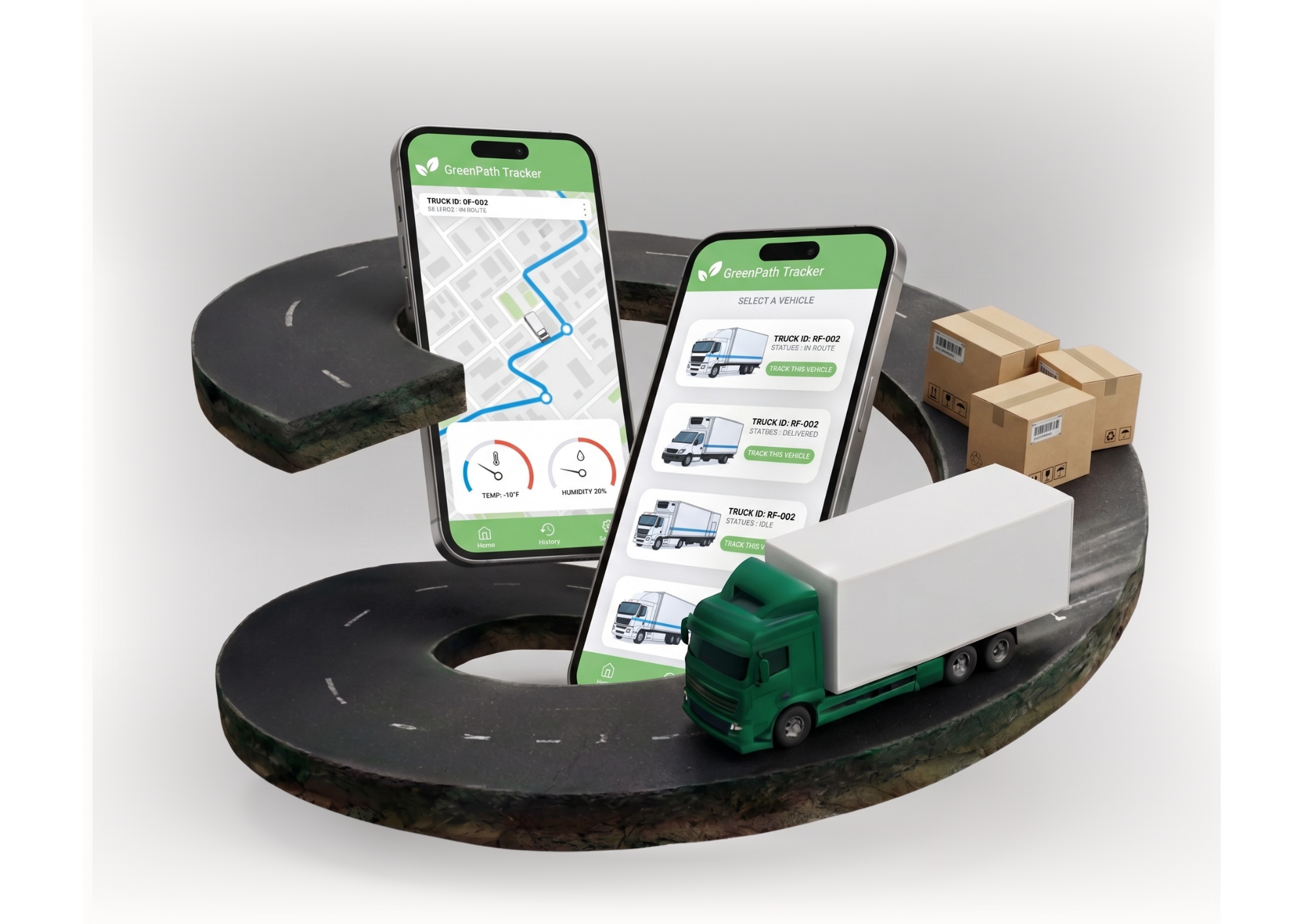 Digital image showing a mini track with two smartphones displaying vehicle tracking apps, toy trucks, and boxes