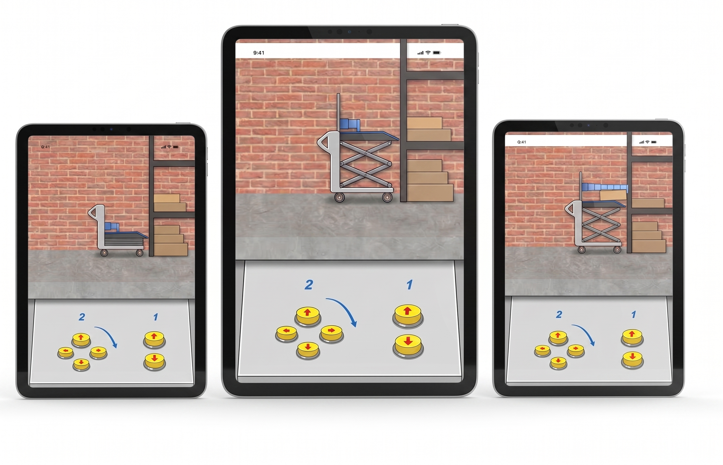 Three mobile pinball game screens showing brick wall background, with some cardboard boxes, a scissor lift, and pinball controls.