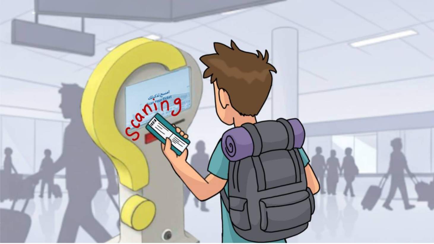An illustration of a traveler with a backpack scanning a ticket at a kiosk in an airport.