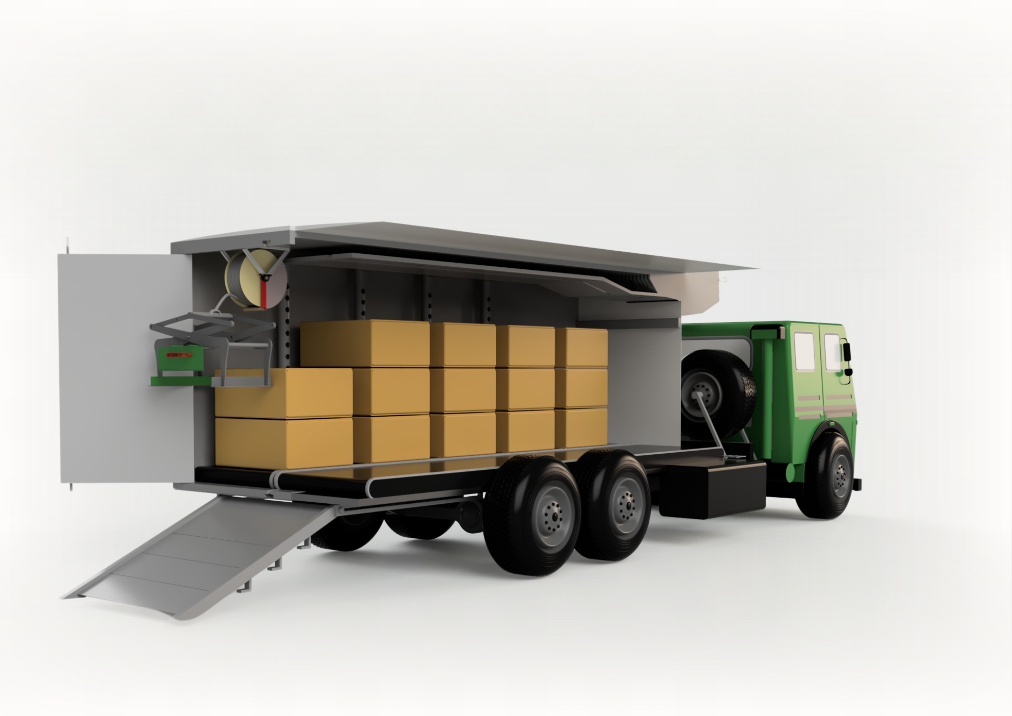 A green delivery truck with its side open, showing stacked yellow boxes inside, and a ramp extending from the back for loading or unloading.