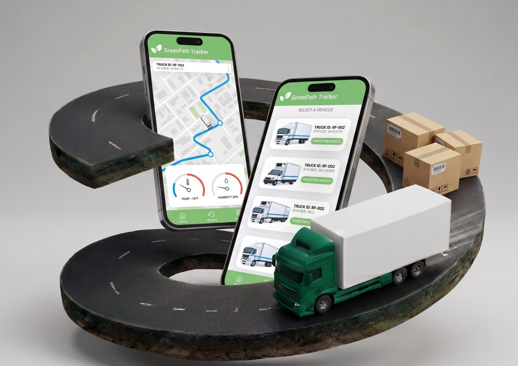 A model of a winding road with two smartphones displaying GPS tracking apps for trucks and vehicles, along with miniature truck models and boxes, representing logistics and vehicle tracking system.