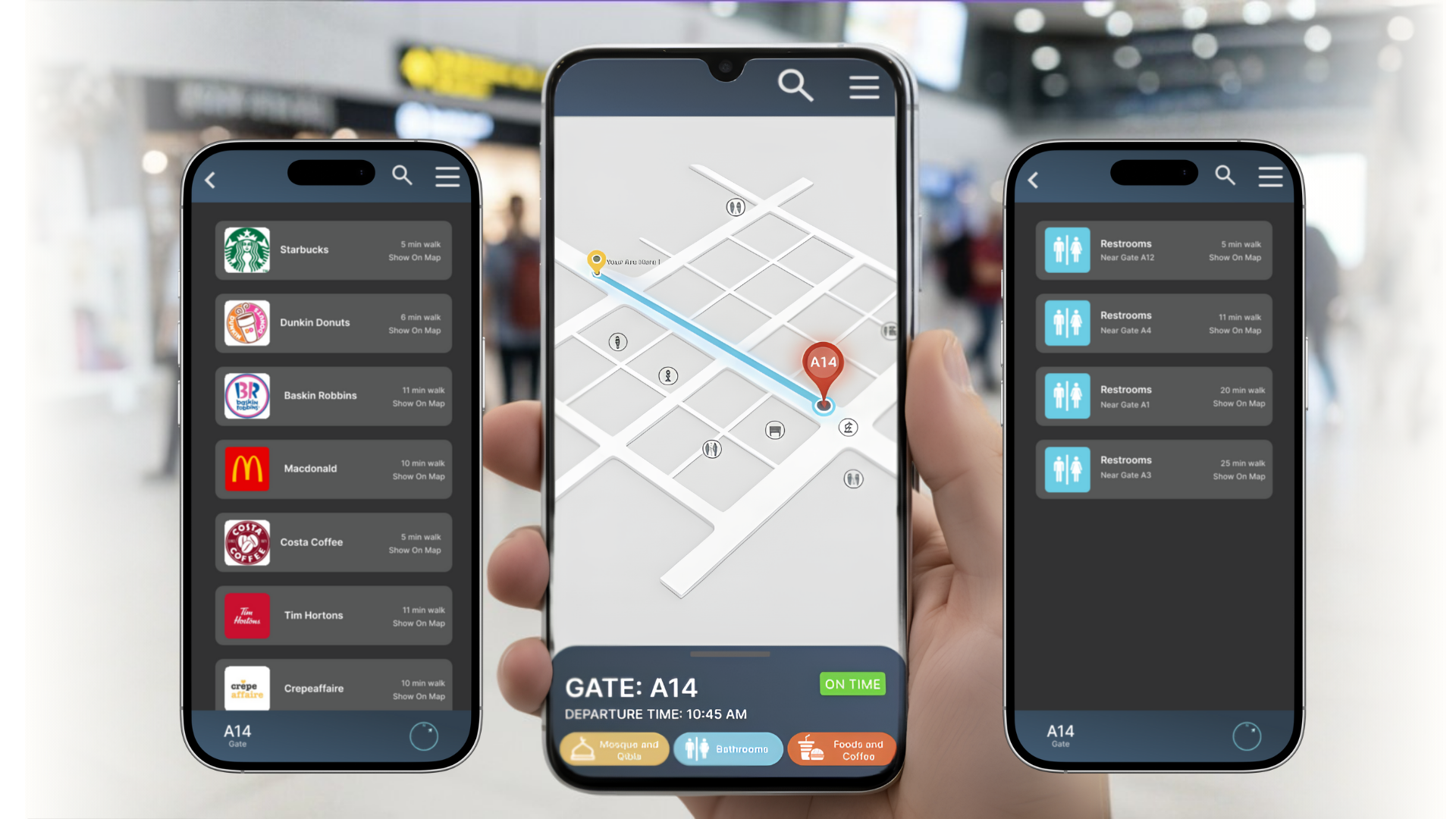 Three smartphone screens displaying an airport map and terminal amenities. The center screen shows a detailed map with a path to gate A14, departure time, and nearby services. The left screen lists nearby stores like Starbucks, Dunkin Donuts, and McDonald's with walking times. The right screen shows restrooms locations near various gates with walking times.