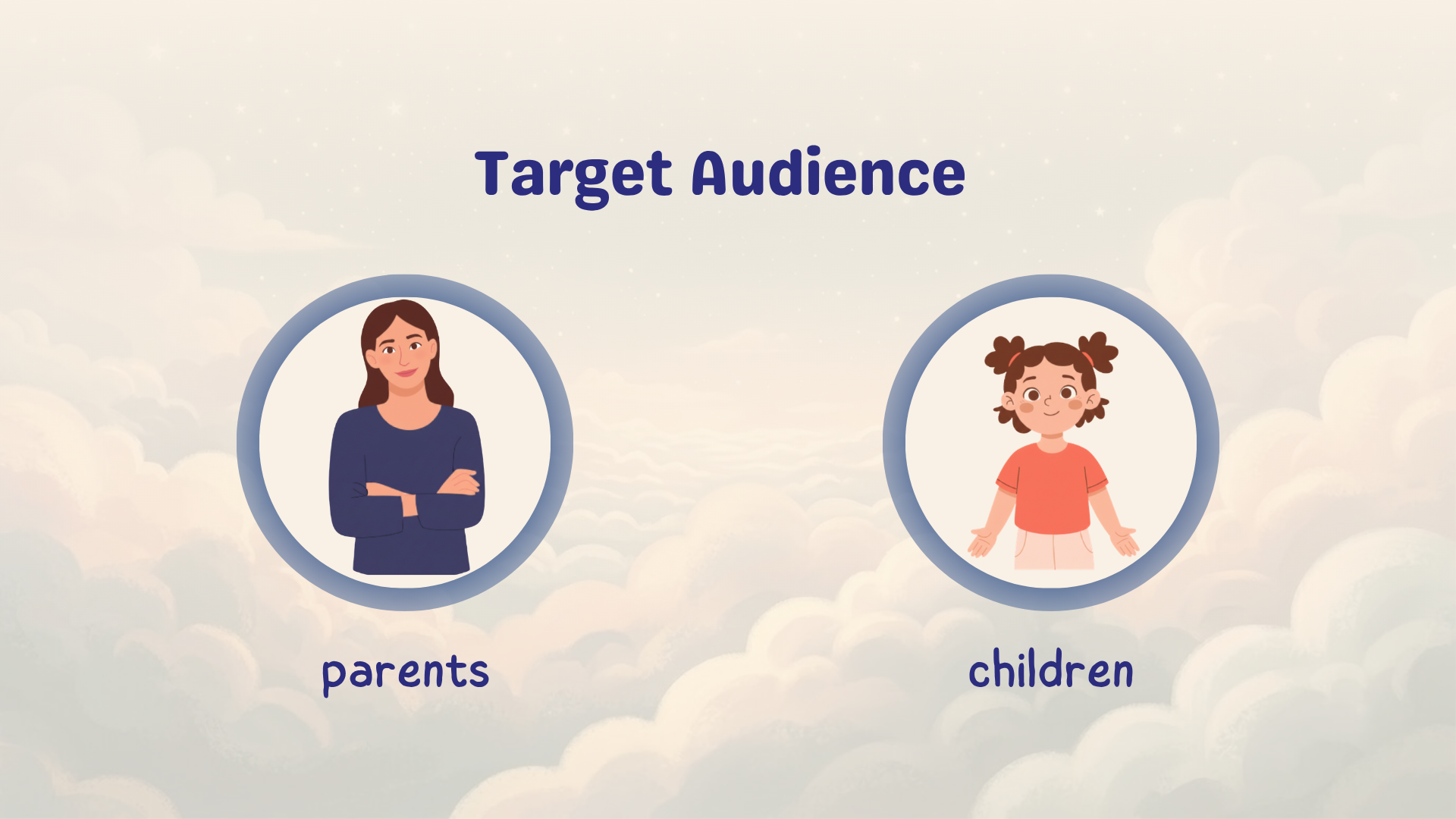 Digital illustration of a presentation slide titled 'Target Audience', showing two cartoon representations of a parent, a woman with brown hair and wearing a blue shirt, and a child with curly hair and wearing an orange shirt. The words 'parents' and 'children' are written below each image respectively.
