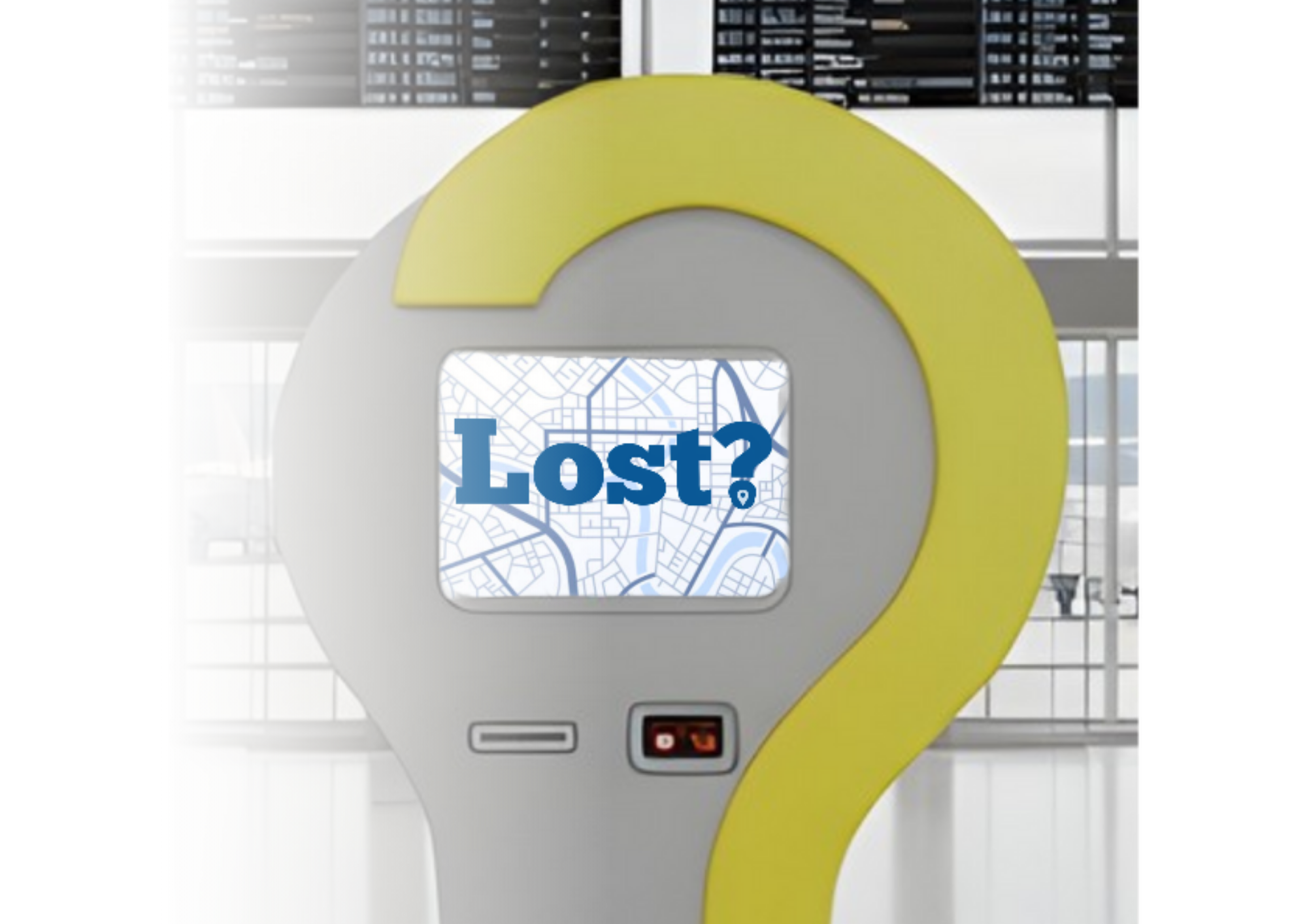 An automated kiosk with a screen displaying a map and the word "Lost?" in large blue letters, surrounded by a yellow circular frame.