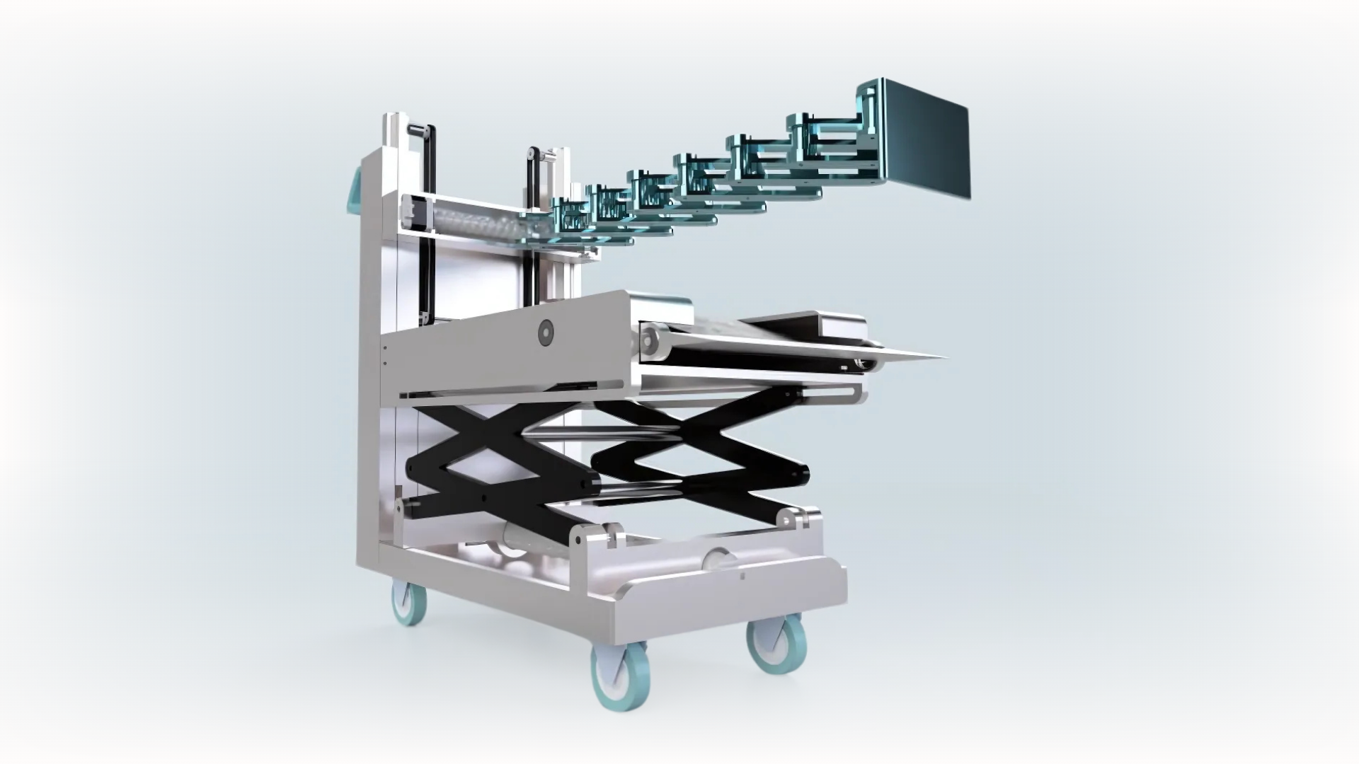 Medical or laboratory equipment with a scissor lift base and multiple transparent slides or trays extending horizontally.